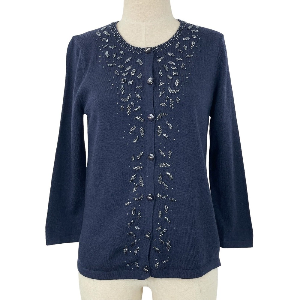 Marisa Christina Cardigan Sweater Womans XS Blue 100% Italian Merino Wool Beaded